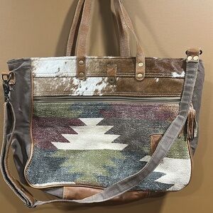 Myra Bag Brown and Gray Tote with Aztec Pattern